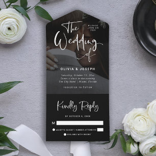 Modern Black Overlay with White   Photo Wedding All In One Invitation
