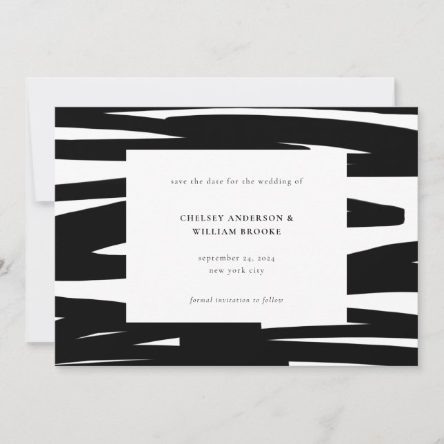 Modern Black Paint Brushstroke Abstract Wedding  Save The Date (Front)