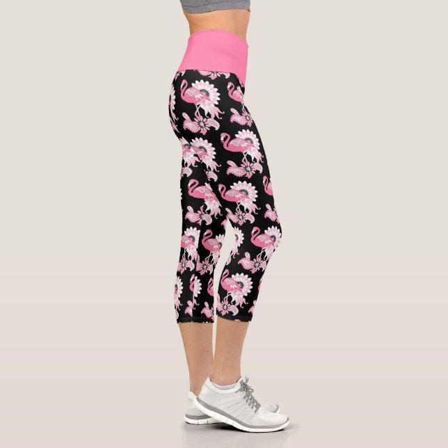 Modern Black Paisley Pink Flamingo Capri Leggings (Right)