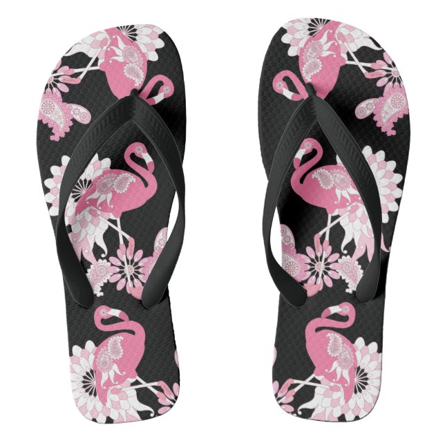 Modern Black Paisley Pink Flamingo Flip Flops (Footbed)