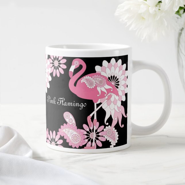 Modern Black Paisley Pink Flamingo Large Coffee Mug (Creator Uploaded)