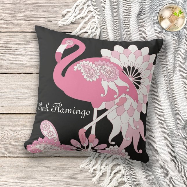 Modern Black Paisley Pink Flamingo Outdoor Throw Pillow (Creator Uploaded)