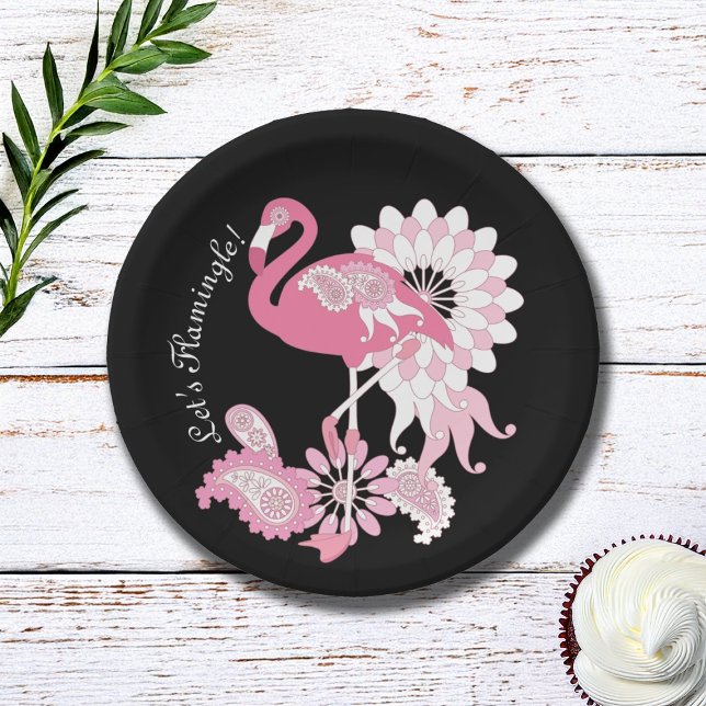 Modern Black Paisley Pink Flamingo Paper Plate (Creator Uploaded)