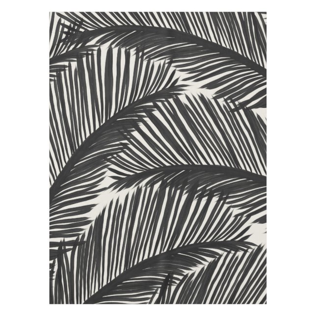Modern Black Palm Leaf Tropical Pattern Tablecloth (Front)