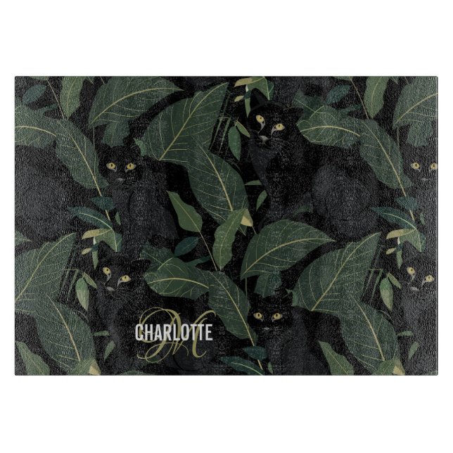 Modern black panther pattern monogram name cutting board (Front)