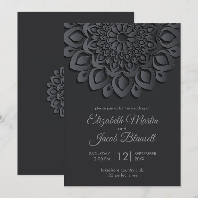 Modern Black Paper cut Mandala Wedding Invitation (Front/Back)
