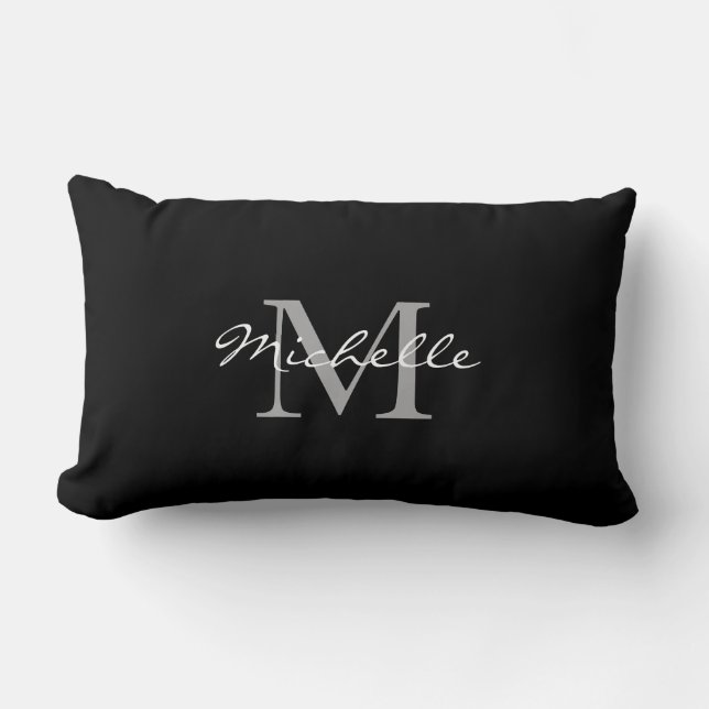 Modern black personal monogram name lumbar pillow (Front)