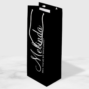 Modern Black Personalized Bridesmaid Proposal Wine Gift Bag