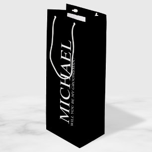 Modern Black Personalized Groomsman Proposal Wine Gift Bag