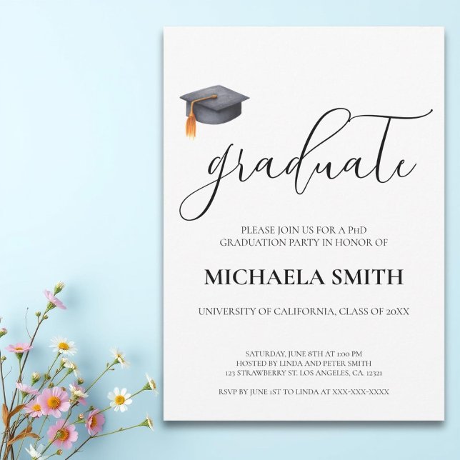 Modern Black PhD University Graduation Party Invitation (Creator Uploaded)