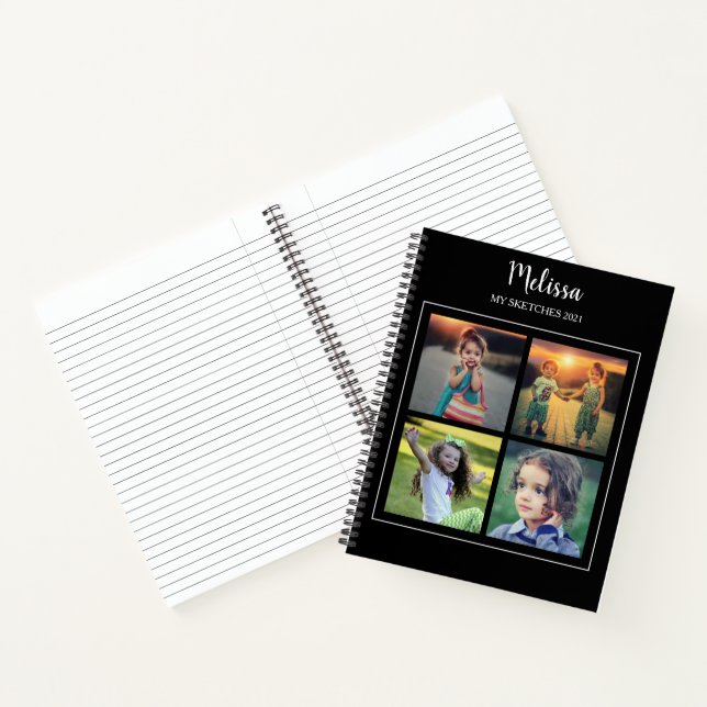 Modern black photo collage monogrammed sketchbook notebook (Inside)