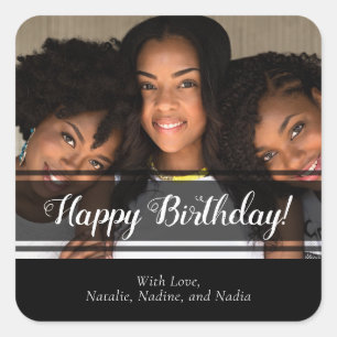 Modern Black Photo Happy Birthday  Square Sticker