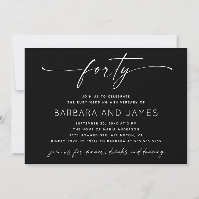 Modern Black Photo Ruby 40th Wedding Anniversary Invitation (Front)