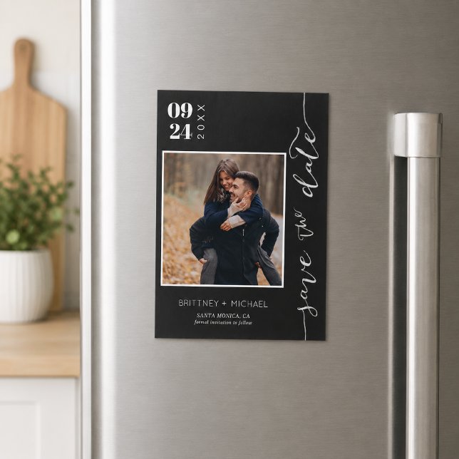 Modern Black Photo Save the Date (Modern black photo save the date featuring elegant handwritten script.)
