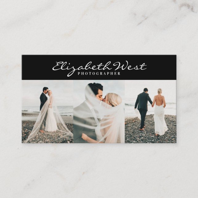 Modern black photography trendy photo calligraphy business card (Front)