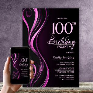 Modern Black Pink 100th Birthday Party Invitation