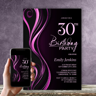 Modern Black Pink 30th Birthday Party Invitation