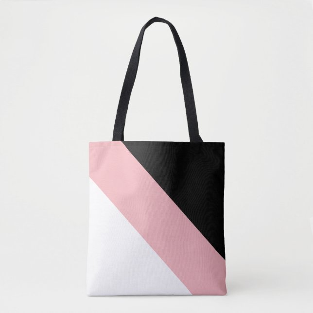 Modern Black Pink and White Diagonal Striped Tote Bag (Front)