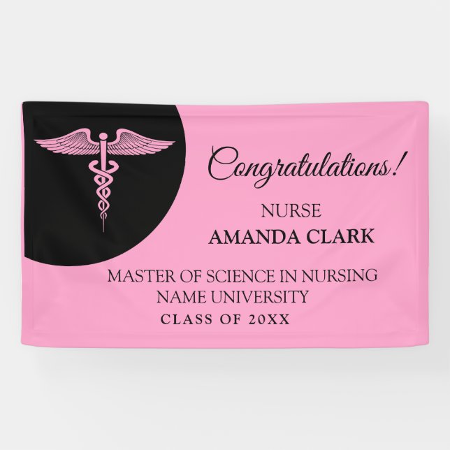 Modern Black & Pink Caduceus Nurse Rn Graduation Banner (Horizontal)