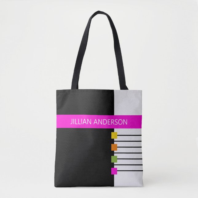 Modern Black Pink Colour Blocked Monogrammed Tote Bag (Front)