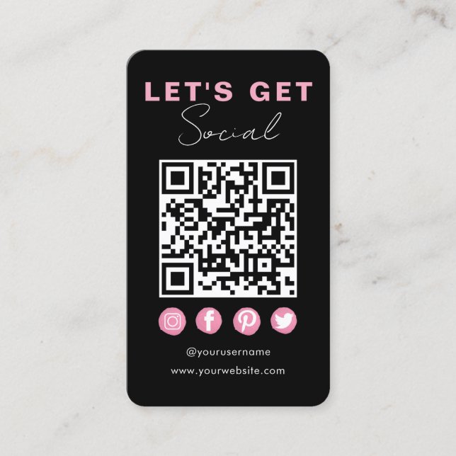 Modern Black Pink Connect With Us QR Code Business Card (Front)