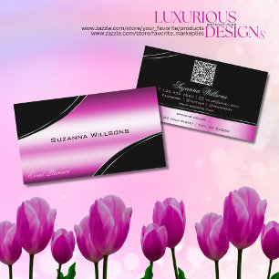 Modern Black Pink Curved Decor Lines with QR Code Business Card