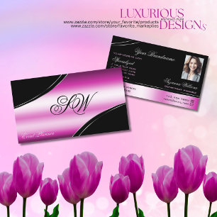 Modern Black Pink Curved Lines Monogram and Photo Business Card