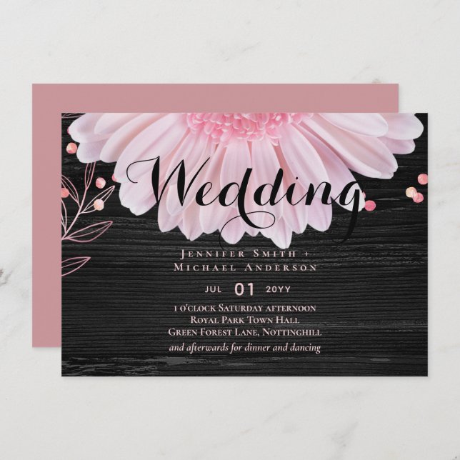 Modern Black Pink Daisy Wedding (Front/Back)