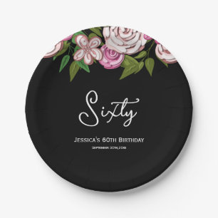 Modern Black Pink Floral Script 60th Birthday Paper Plate
