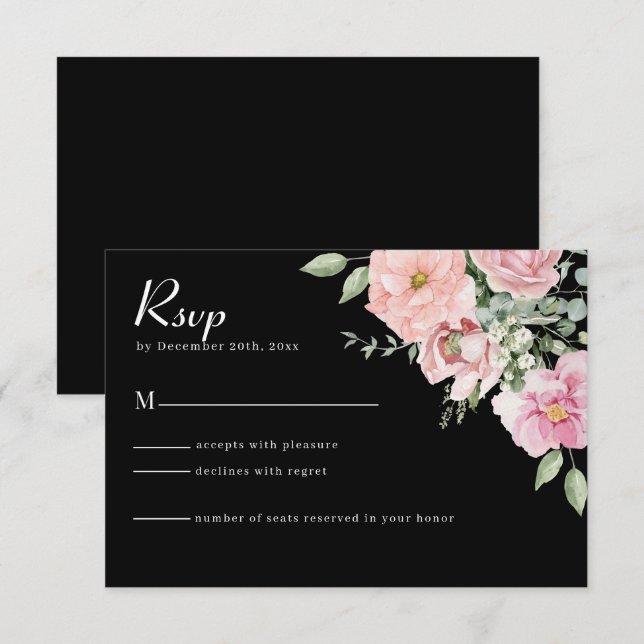 Modern Black & Pink Floral Wedding RSVP Card (Front/Back)