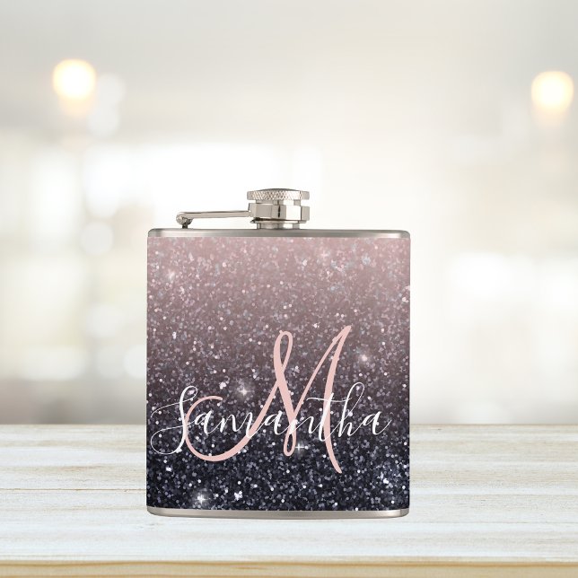 Modern Black & Pink Glitter Sparkles Name  Hip Flask (Creator Uploaded)