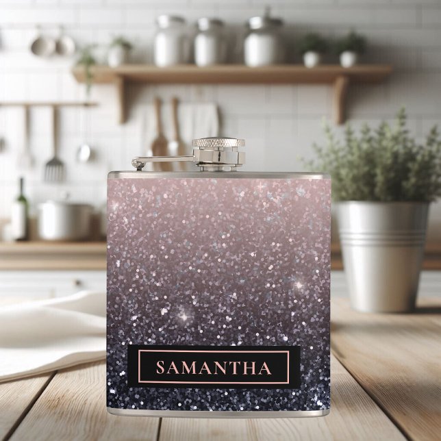 Modern Black & Pink Glitter Sparkles Name Hip Flask (Creator Uploaded)