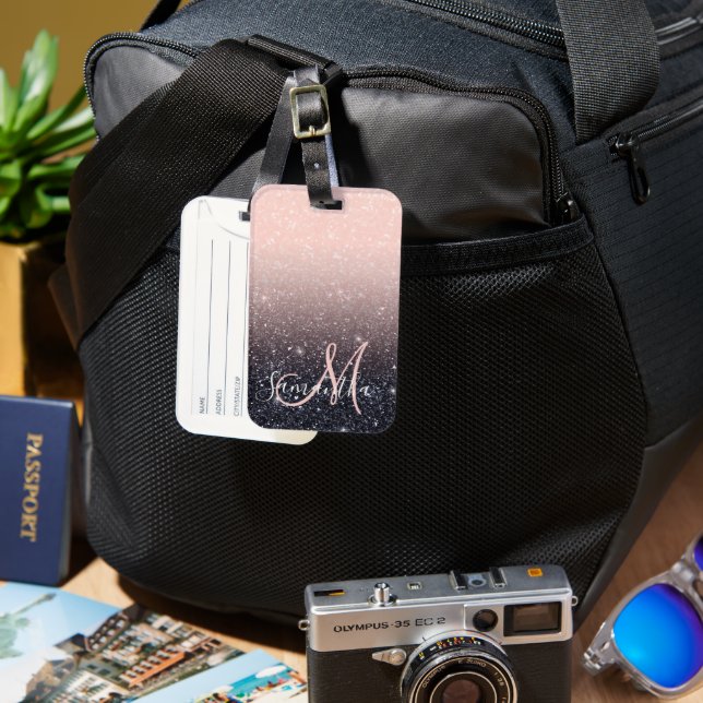 Modern Black & Pink Glitter Sparkles Name  Luggage Tag (Front & Back)