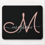 Modern Black Pink Handwritten Name Monogrammed Mouse Pad<br><div class="desc">Modern, elegant, minimalist black and pink custom personalized name monogrammed mouse pad. This design features a huge hand-written monogram initial and first name text template in pink, white colour on black background. The first name text template is written in a pretty hand lettered script font with swashes. If you want...</div>
