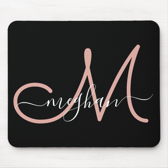 Modern Black Pink Handwritten Name Monogrammed Mouse Pad (Front)