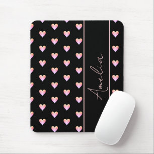 Modern Black Pink Hearts Personalized Name Mouse Pad