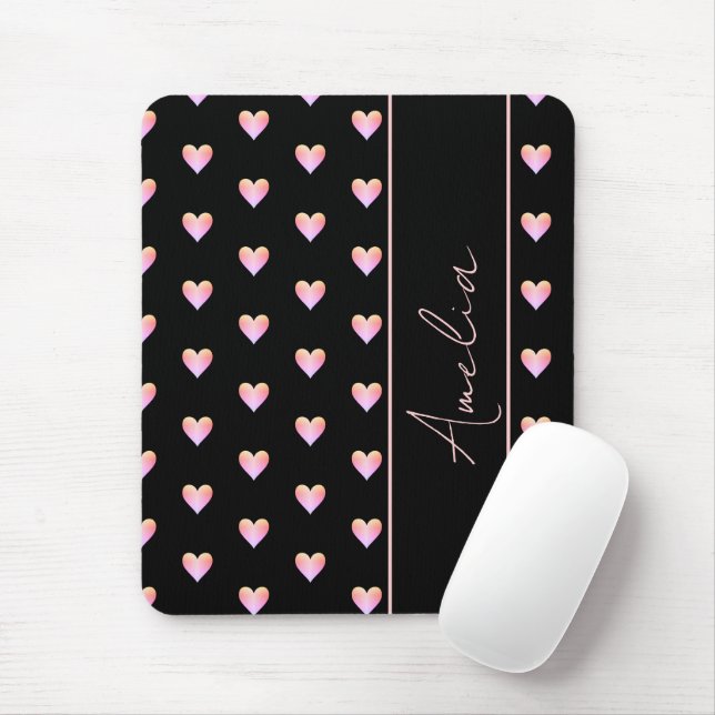 Modern Black Pink Hearts Personalized Name Mouse Pad (With Mouse)