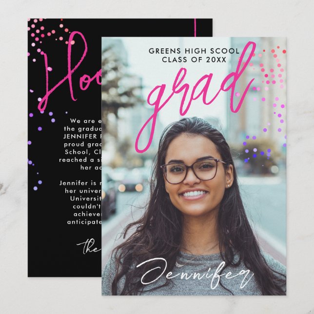 Modern Black Pink High School Confetti Graduation  Announcement (Front/Back)