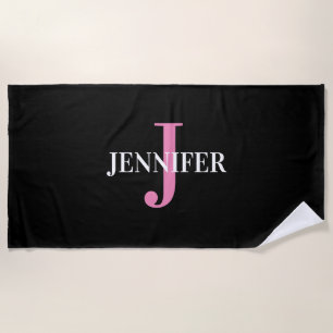 Modern Black Pink Minimalist Monogram Name Beach Towel