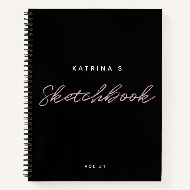Modern Black Pink Minimalist Script Sketchbook Notebook (Front)