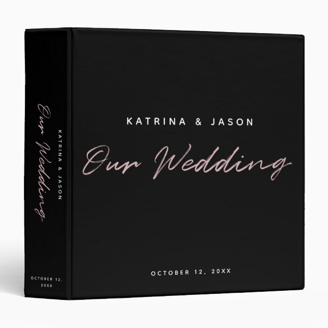 Modern Black Pink Minimalist Script Wedding Album Binder (Front/Spine)