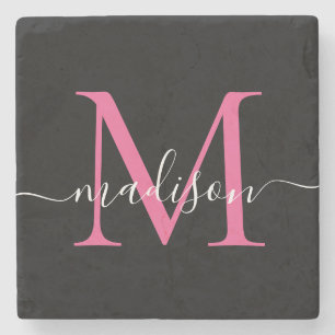 Modern Black Pink Monogram Feminine Script Name Stone Coaster
