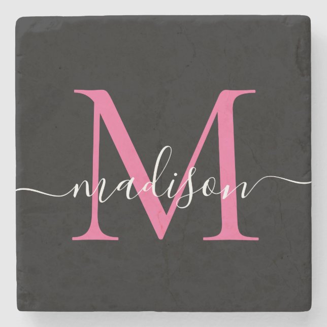 Modern Black Pink Monogram Feminine Script Name Stone Coaster (Front)