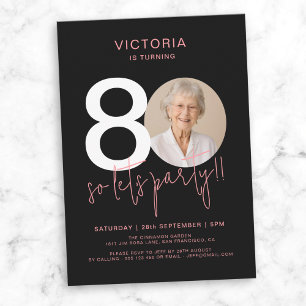 Modern Black Pink Photo 80th Birthday  Invitation