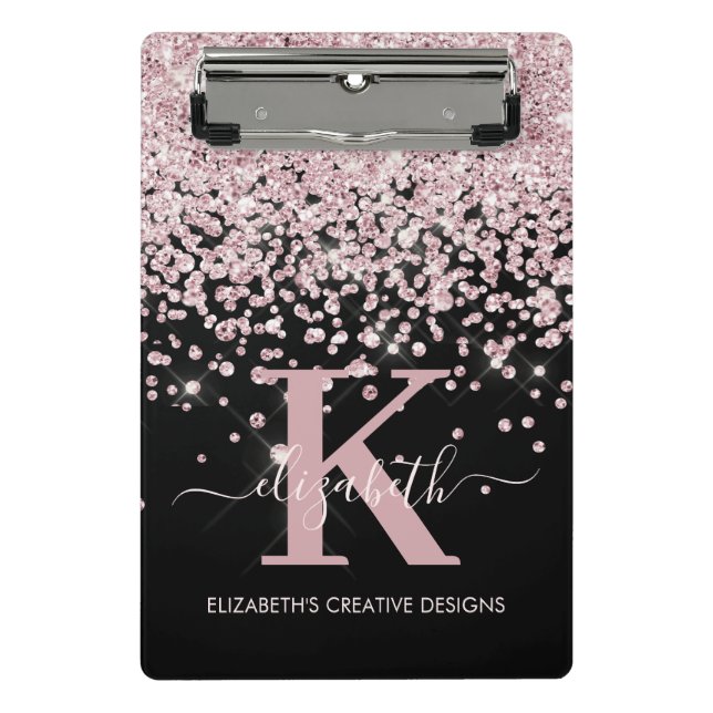 Modern Black Pink Rose Gold Glitter Monogrammed Mini Clipboard (Front)