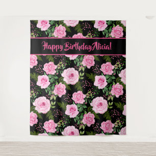 Modern Black Pink Roses Happy Birthday Tapestry