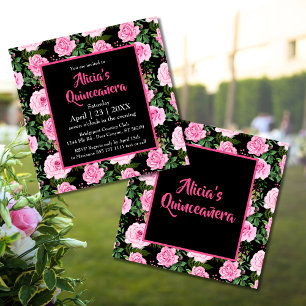 Modern Black Pink Roses Quinceañera Invitation