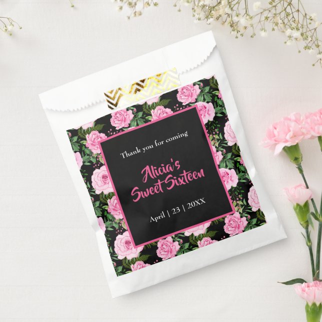 Modern Black Pink Roses Sweet Sixteen Birthday Favour Bag (Sealed)