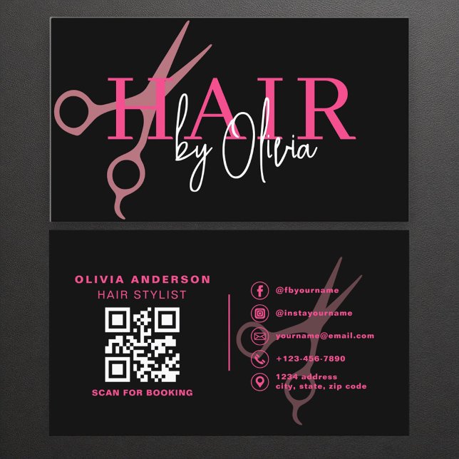 Modern Black Pink Scissors QR Code Hair Stylist  Business Card (Creator Uploaded)