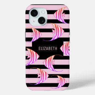 Modern Black Pink Striped Angel Fish Personalized iPhone 15 Case